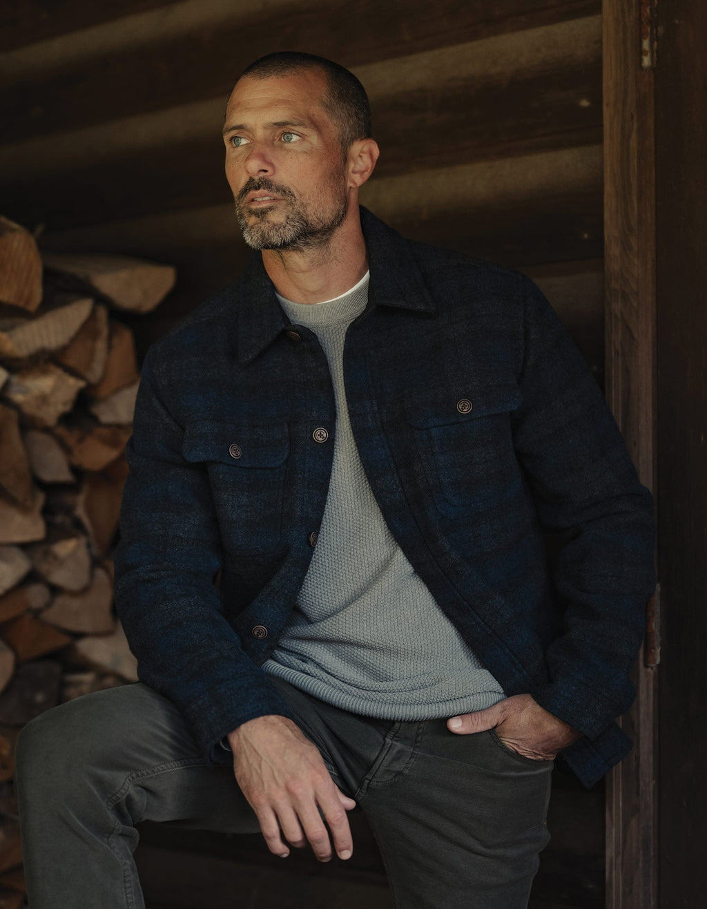 Flannel Lined Workwear Jacket in Navy Plaid