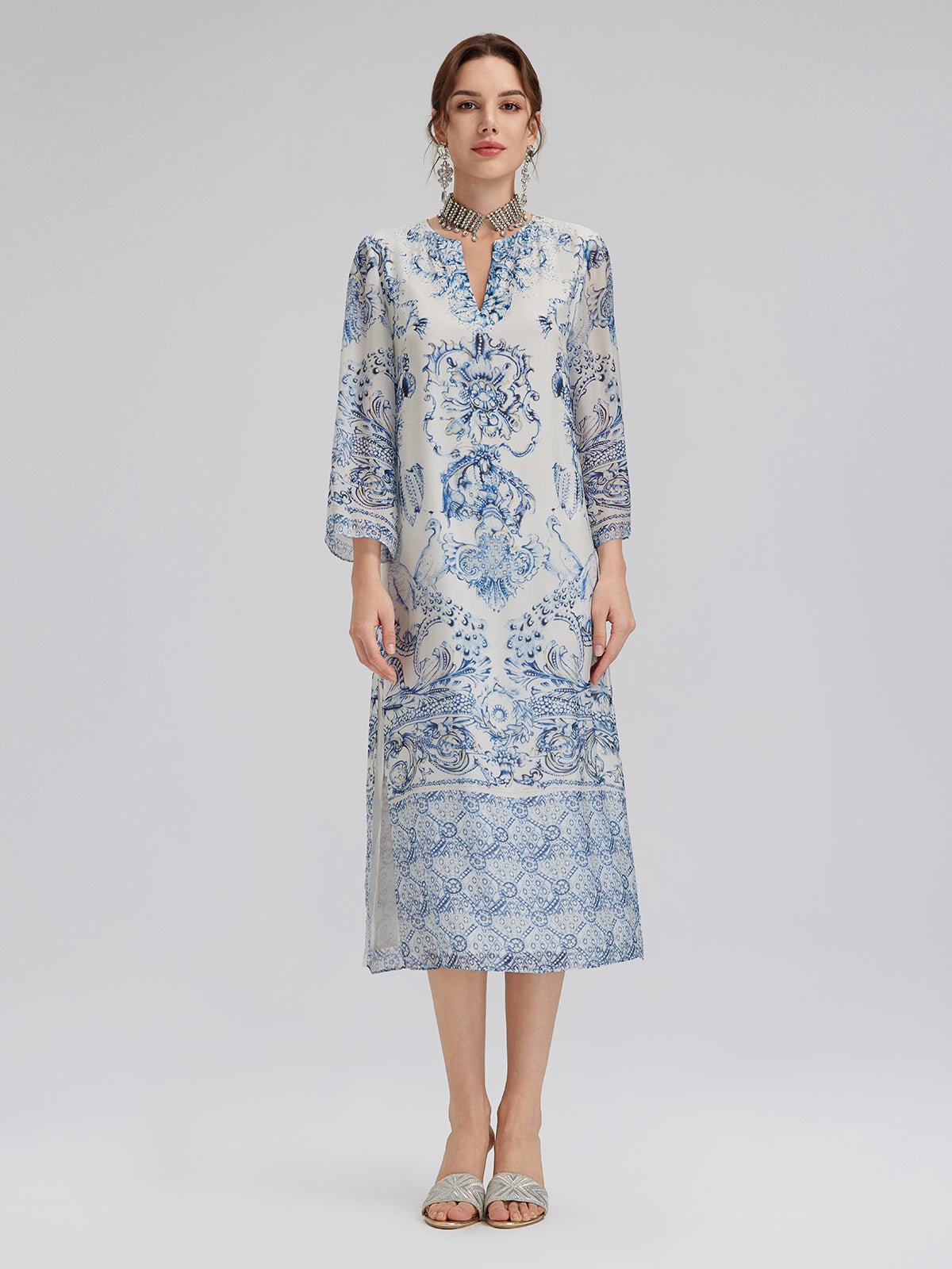 Blue & White Porcelain V-Neck Dress