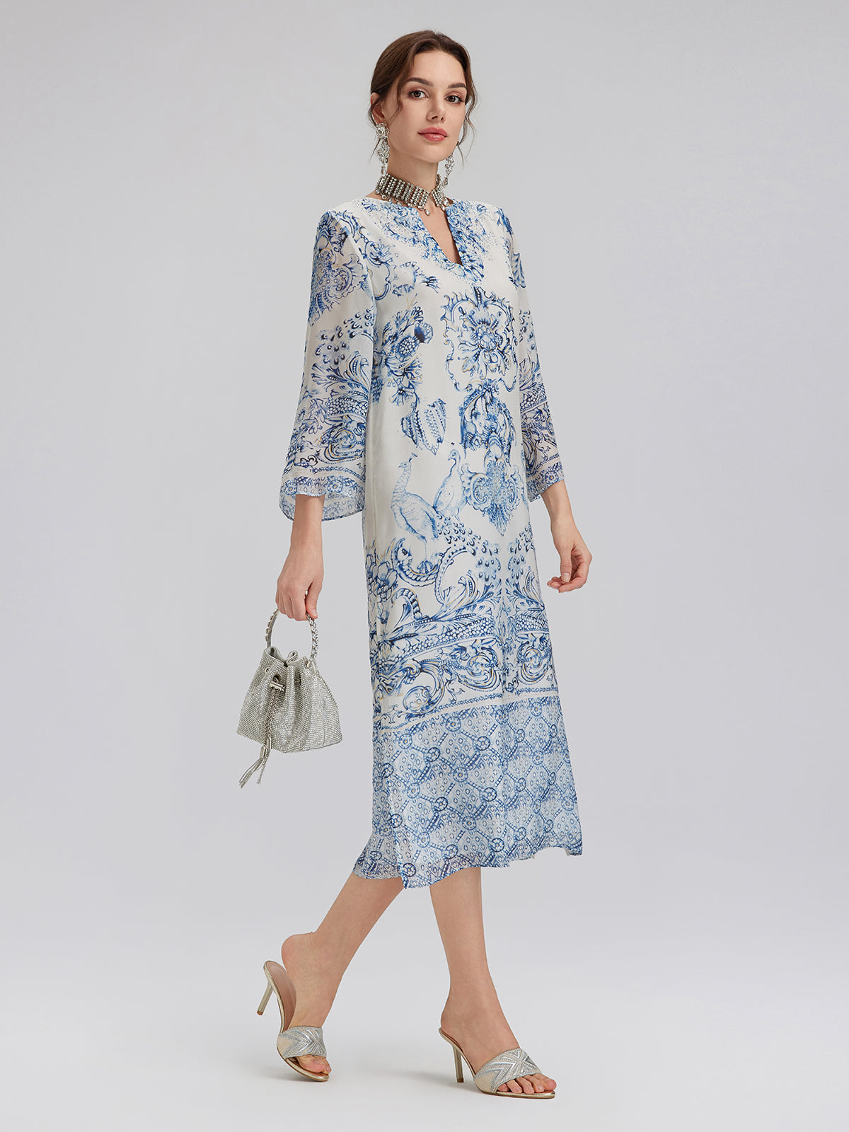 Blue & White Porcelain V-Neck Dress