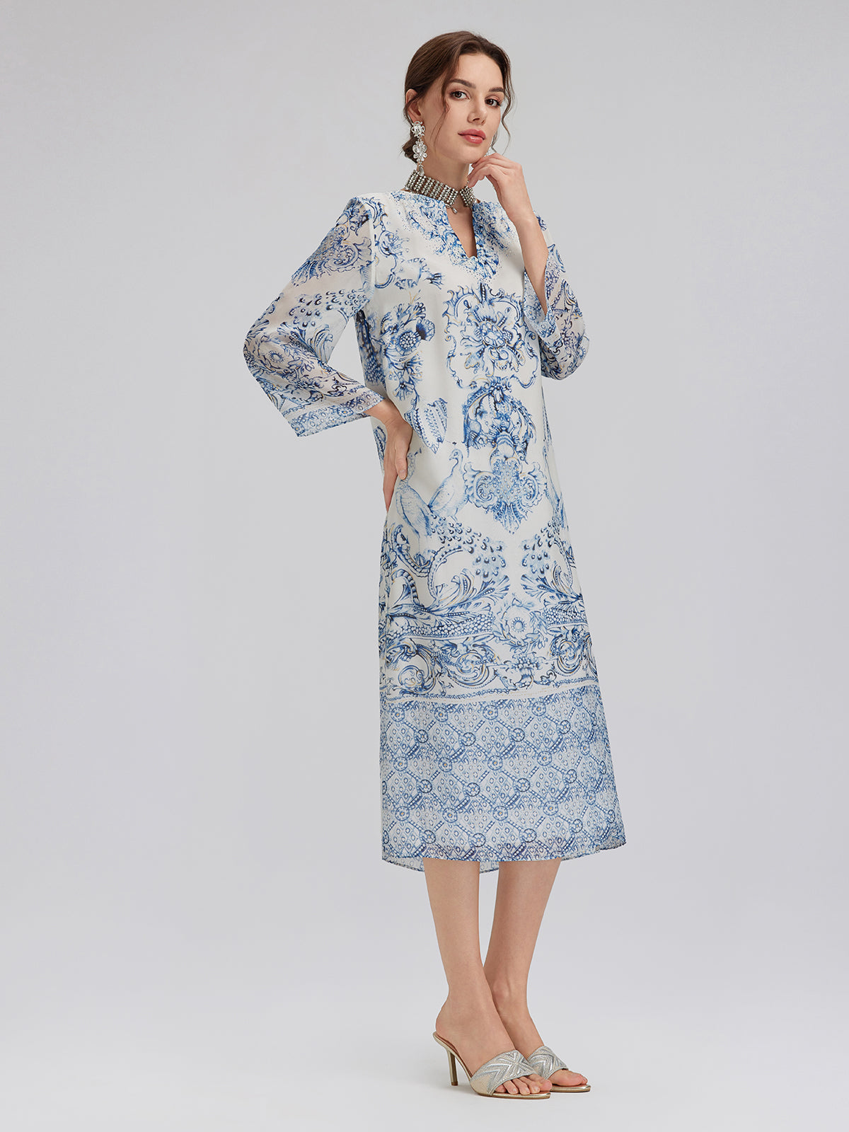 Blue & White Porcelain V-Neck Dress