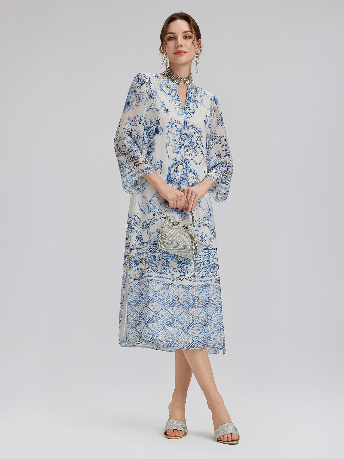 Blue & White Porcelain V-Neck Dress