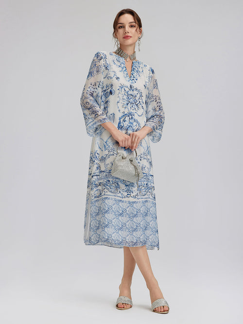 Blue & White Porcelain V-Neck Dress